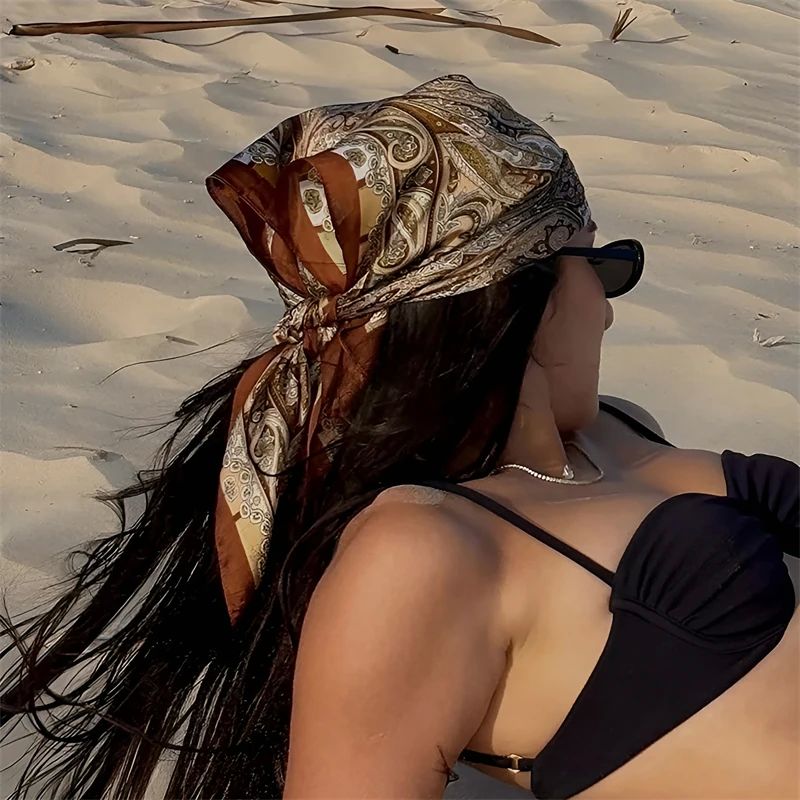 Foulard carré en Satin de soie imprimé de luxe pour femmes, châle Hijab, ruban pour cheveux, bandeau enveloppant, Bandana, nouvelle collection 2023