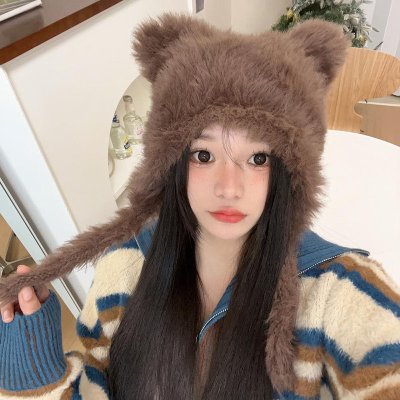 Chapeau d'hiver en peluche pour femmes, bonnet chaud de Protection des oreilles, bonnet pour filles, mignon, couleur unie, fausse fourrure, tricoté chaud