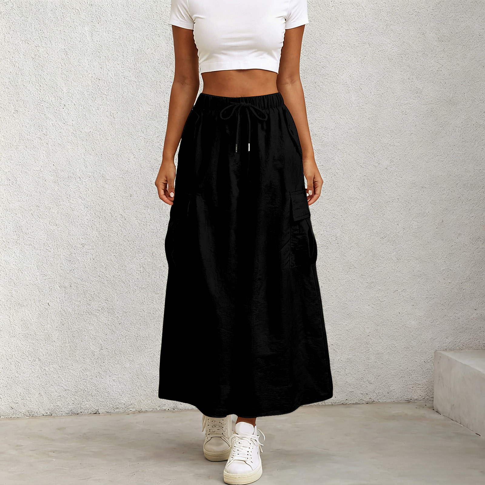 Femmes longues jupes Maxi américain rétro poches Cargo jupes taille haute avec ceintures élastiques solide Streetwear jupes pour les femmes