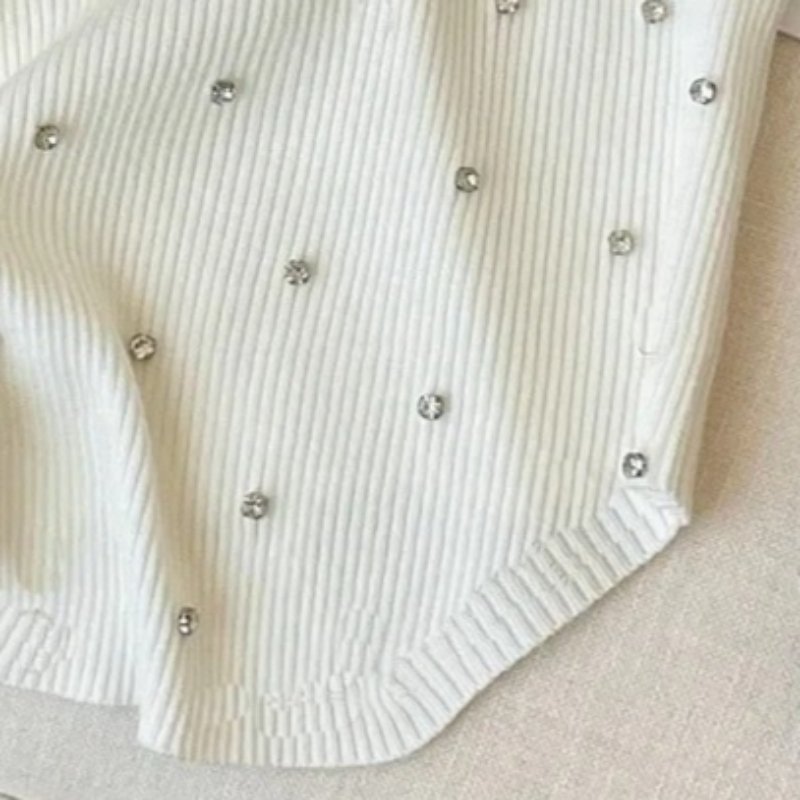 Débardeur court en maille côtelée extensible blanc pour femme, décontracté, d'été, avec détails en strass, sans manches, col rond
