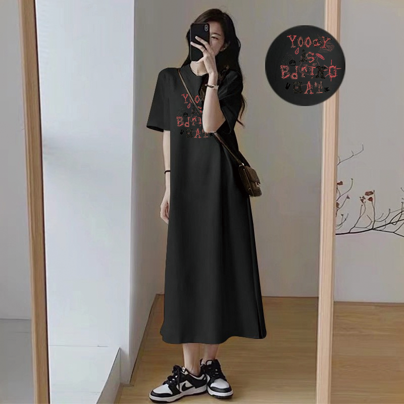 Robe T-shirt ample coréenne pour femme, blanche, imprimé lettres, manches courtes, décontractée, fendue sur le côté, longueur maxi