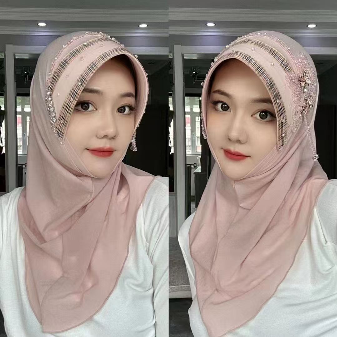 Hijabs pour femmes musulmanes violet rose avec perles glands Eid prière foulard soirée luxe malaisie Islam Kufi écharpe