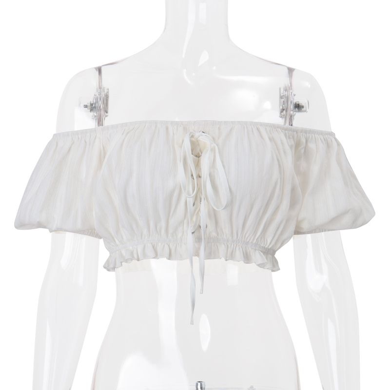 Crop top blanc pour femme - Manches bouffantes à volants - Taille élastique