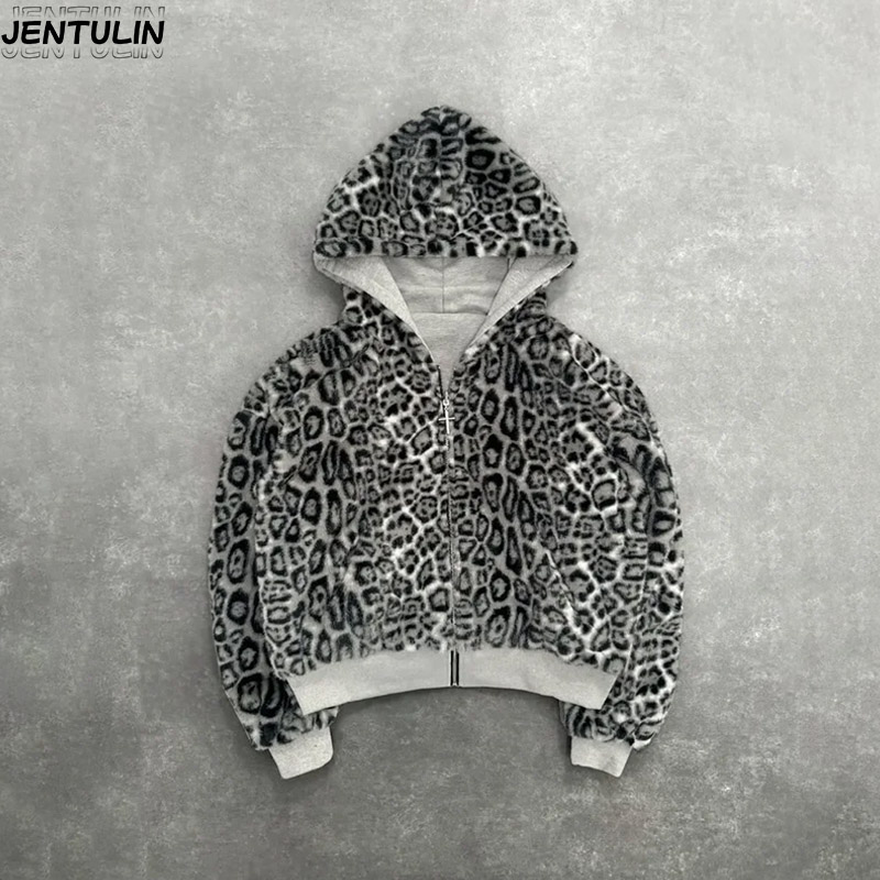 Hip Hop nouveau vêtement double face Harajuku rétro imprimé léopard à la mode ample sweat à capuche avec fermeture éclair hommes rue sweat-shirt décontracté femmes