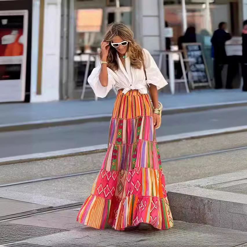 Jupe imprimée style Boho, élégante, taille élastique, ligne a, à volants, grand ourlet, vêtements de plage, vacances, jupe longue ample pour femmes