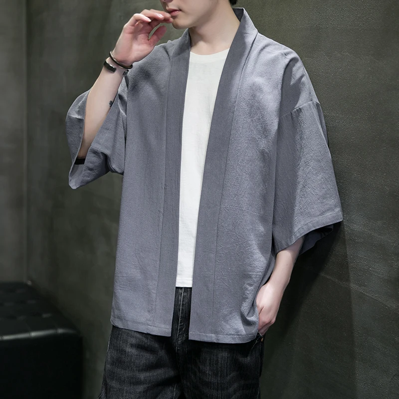 Vestes kimono pour hommes, cardigan léger et décontracté, mélange de coton, lin, sept manches, manteau ouvert sur le devant, vêtements d'extérieur