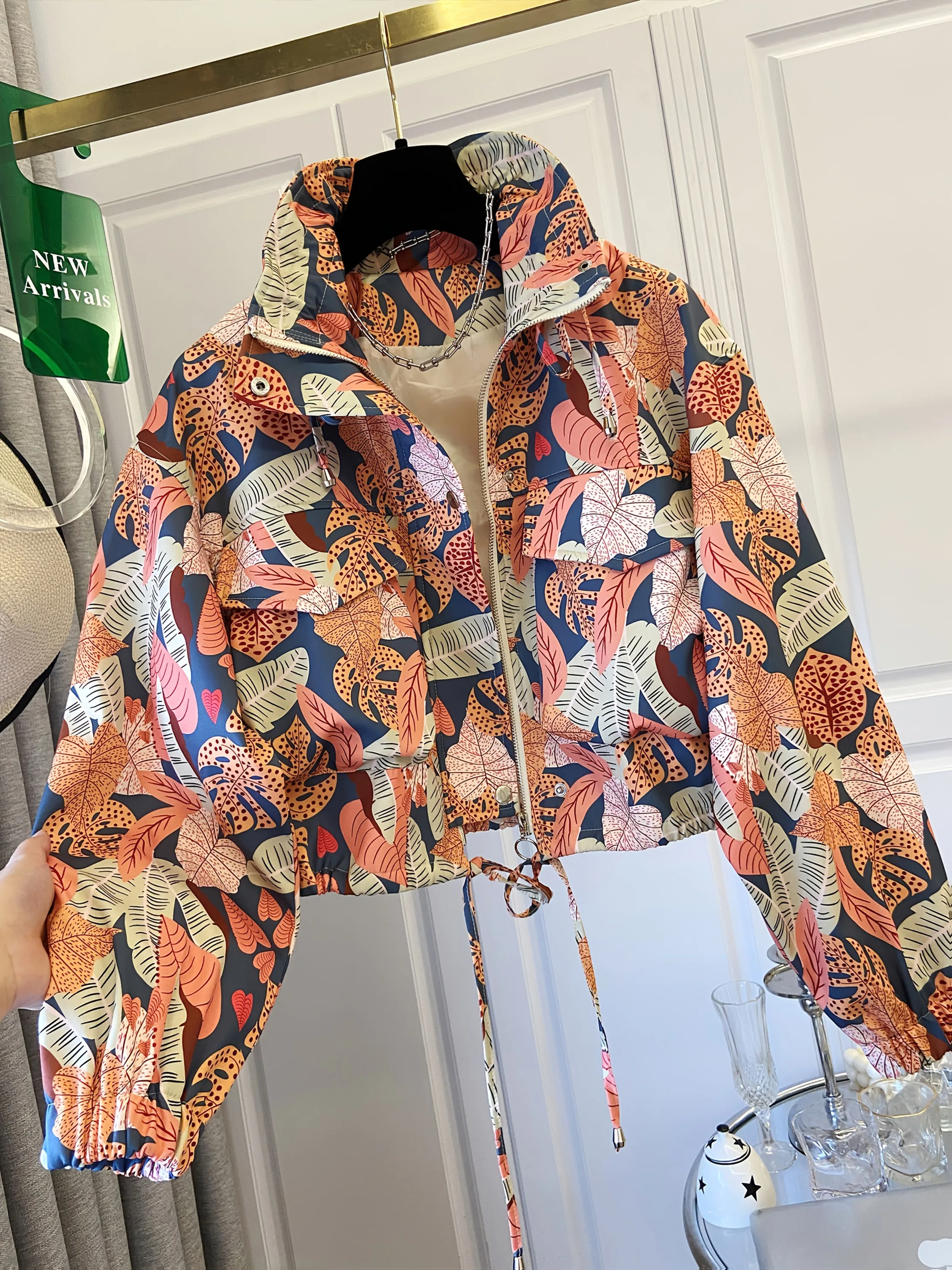 Veste décontractée à cordon de serrage imprimée à la mode pour femmes |   Printemps/Été, polyvalent pour les trajets quotidiens, les vacances et les soirées élégantes