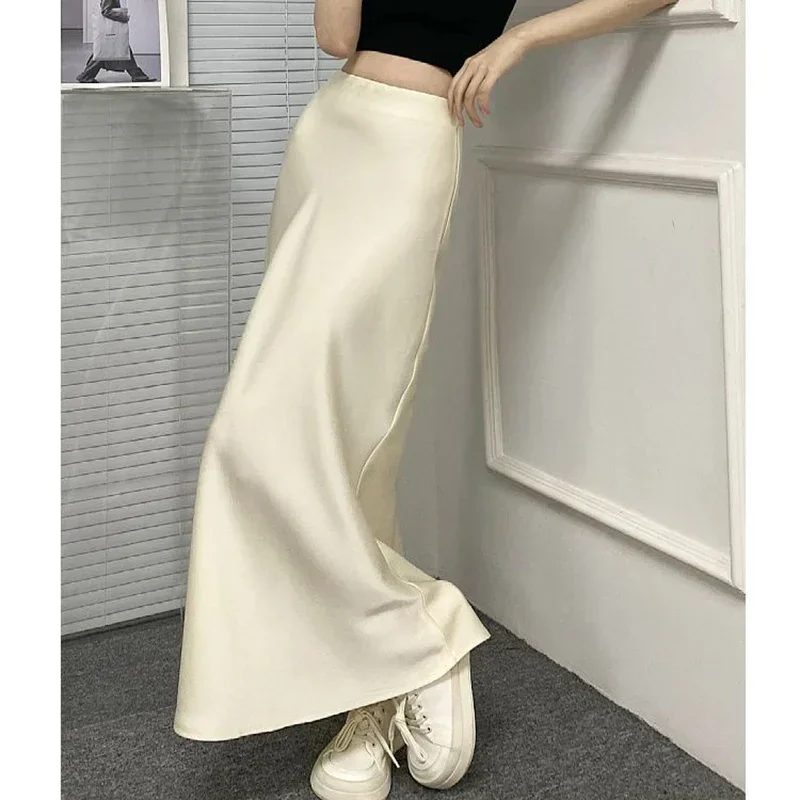 2025 été dame coréenne élégant Satin tissu jupes femme solide taille haute mi-longue robe femmes Chic concepteur mince jupes