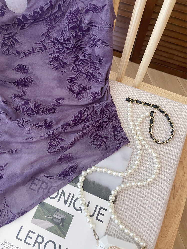 T-shirt élégant de style chinois pour femme, violet, en tissu transparent avec broderie papillon en bambou, style Cheongsam amélioré vintage, haut moulant décontracté