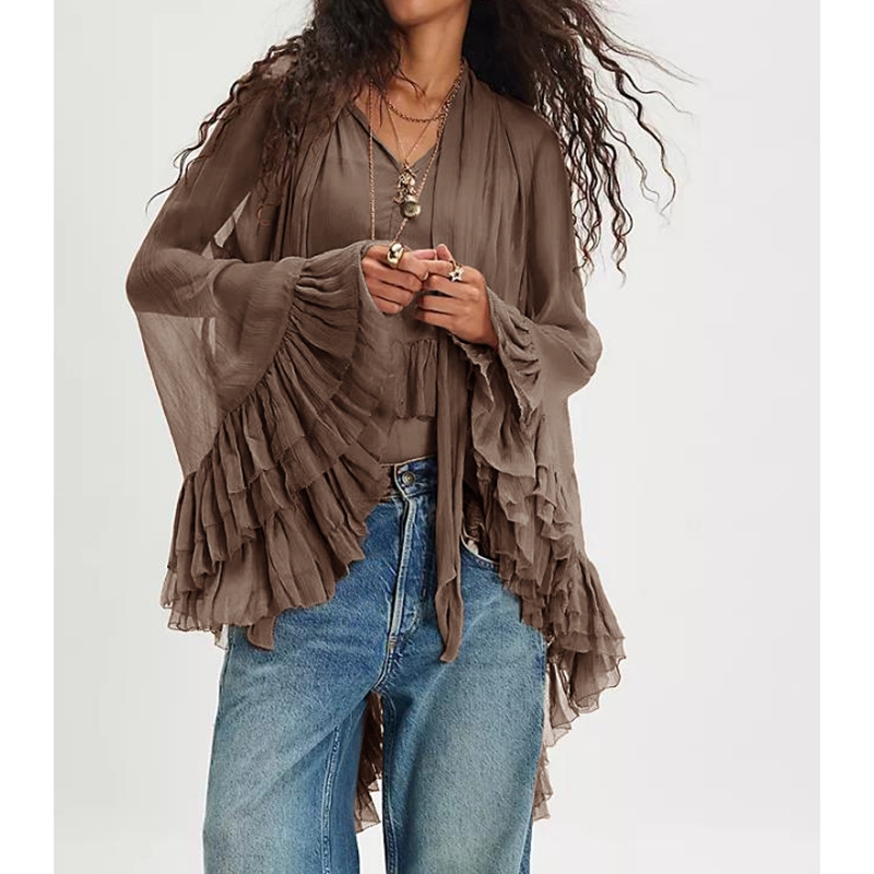 Chemisier cape pour femme à manches longues, transparent, sexy, avec volants et ourlet asymétrique, à nouer au cou