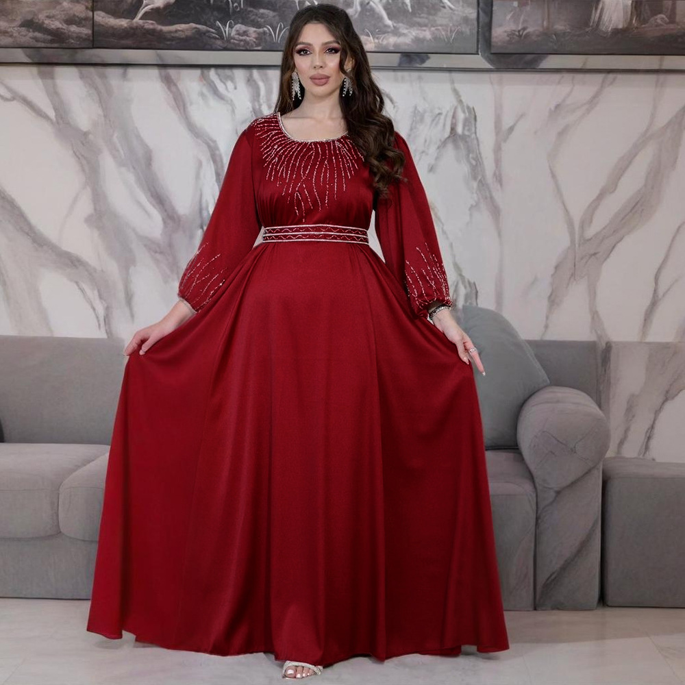 2025 Moyen-Orient Dubaï Femmes Élégant Hotfix Diamant Ceinture Maxi Robe Robe De Soirée, Robe Longue Robe Musulmane Saoudienne