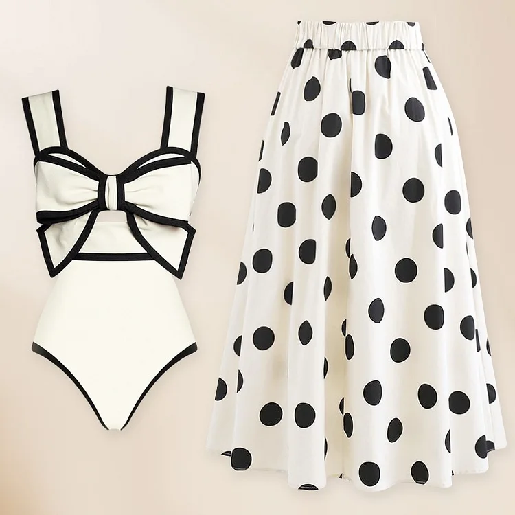 Maillot de bain une pièce noir et blanc pour femme, ensemble bikini, col rabattu, coupe slim, dos ouvert, nœud, design, jupe à pois