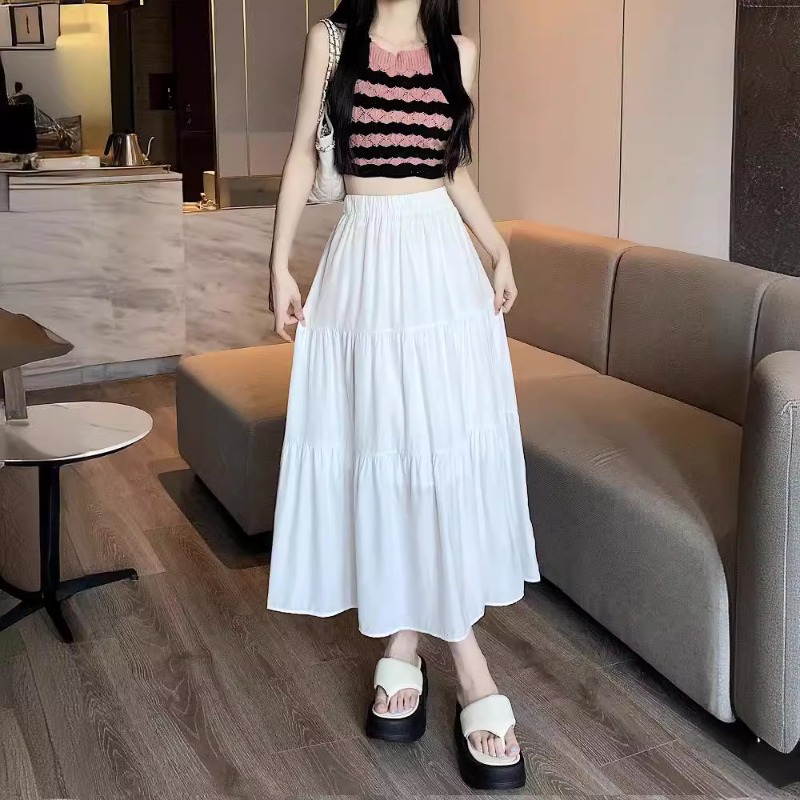 Jupe blanche taille haute pour femme, nouvelle version coréenne été 2026, coupe trapèze mi-longue à taille élastique