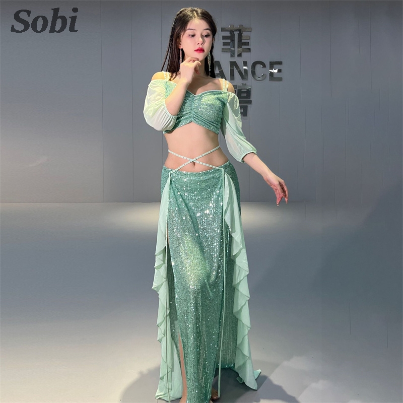 Ensemble de costumes de danse du ventre pour femmes, haut à bretelles Sexy + jupe longue, tenue de classe d'entraînement sirène, vêtements de spectacle de danse du ventre orientale