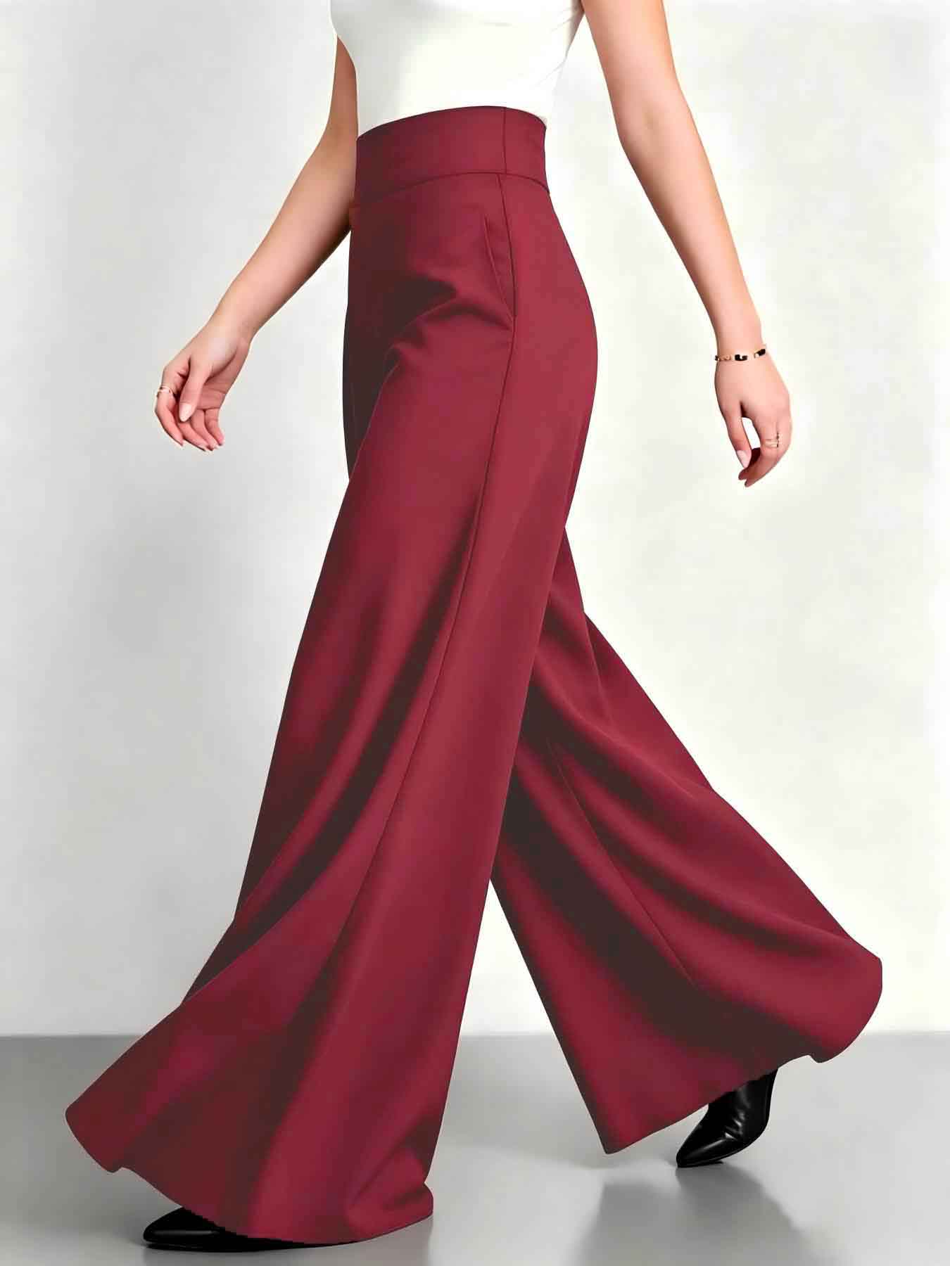 Pantalon Palazzo Plissé Élégant Taille Haute pour Femme, Coupe Ample Évasée, Couleurs Unies, Long, Idéal pour le Bureau et le Travail, Jambe Large