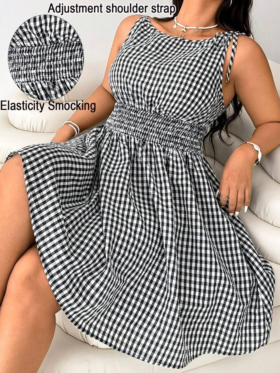 Robe décontractée sans manches à imprimé vichy et taille froncée, coupe ajustée, grande taille pour femme