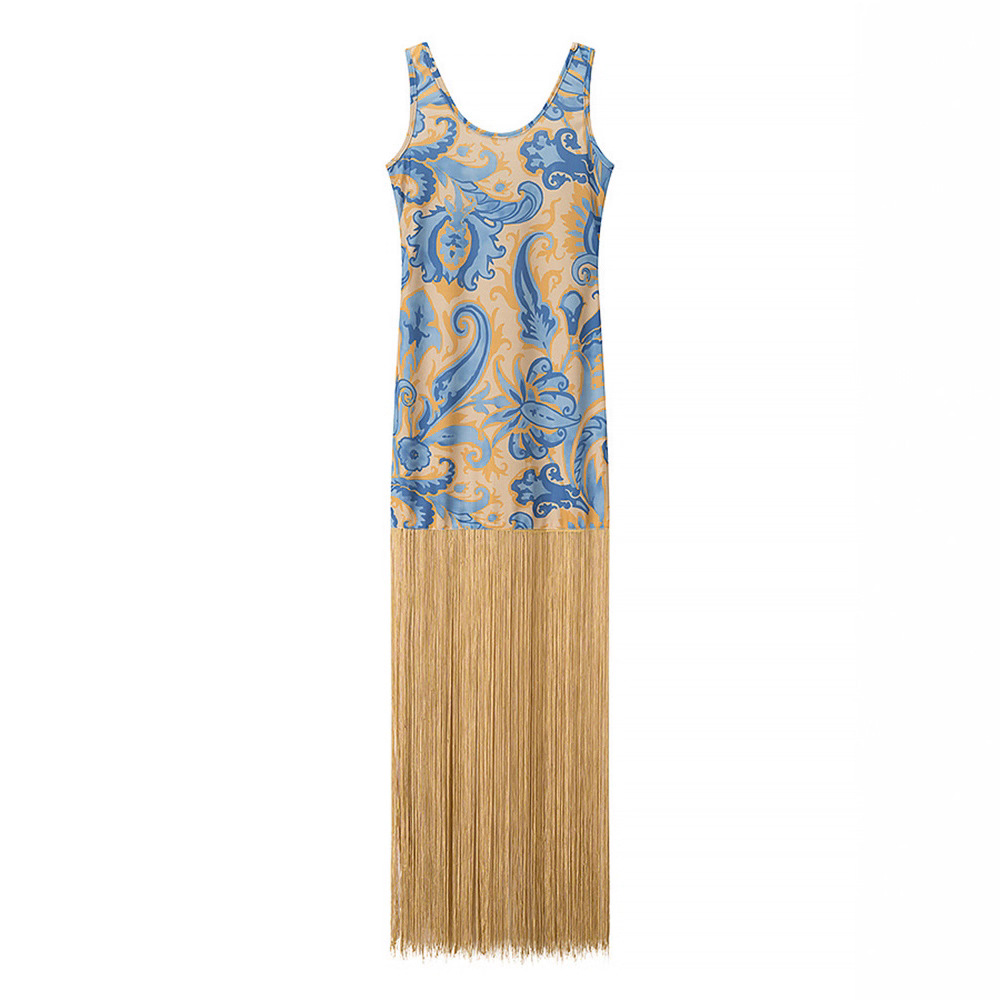 Mode imprimé glands mince robe longue femmes Vintage sans manches plissé robes de soirée dame été Chic fête robes