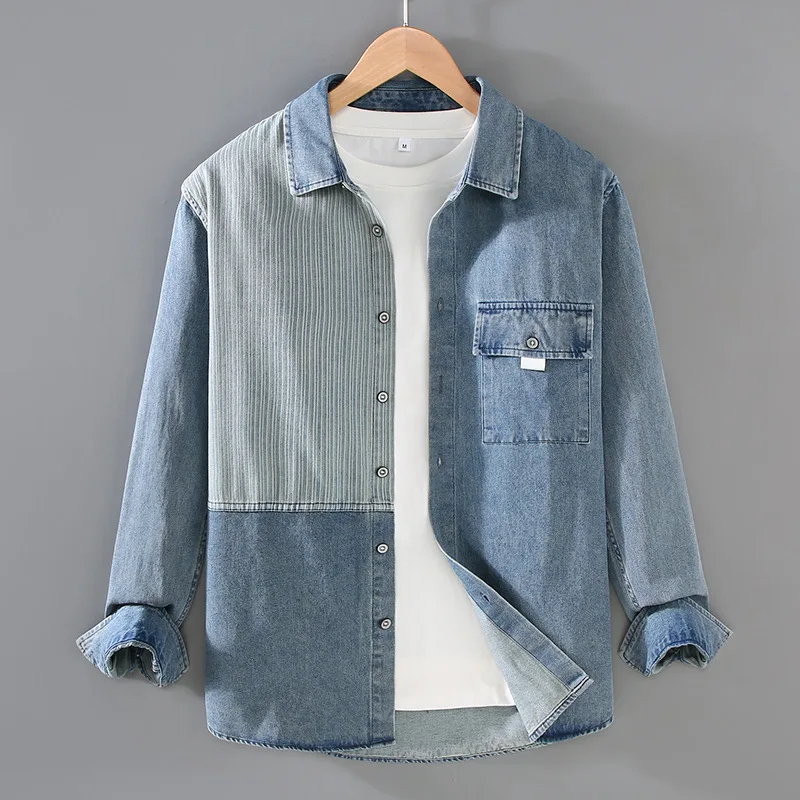 Chemises en jean décontractées pour hommes 2026, style streetwear coréen, patchwork, rayées, fines, pour hommes élégants au quotidien
