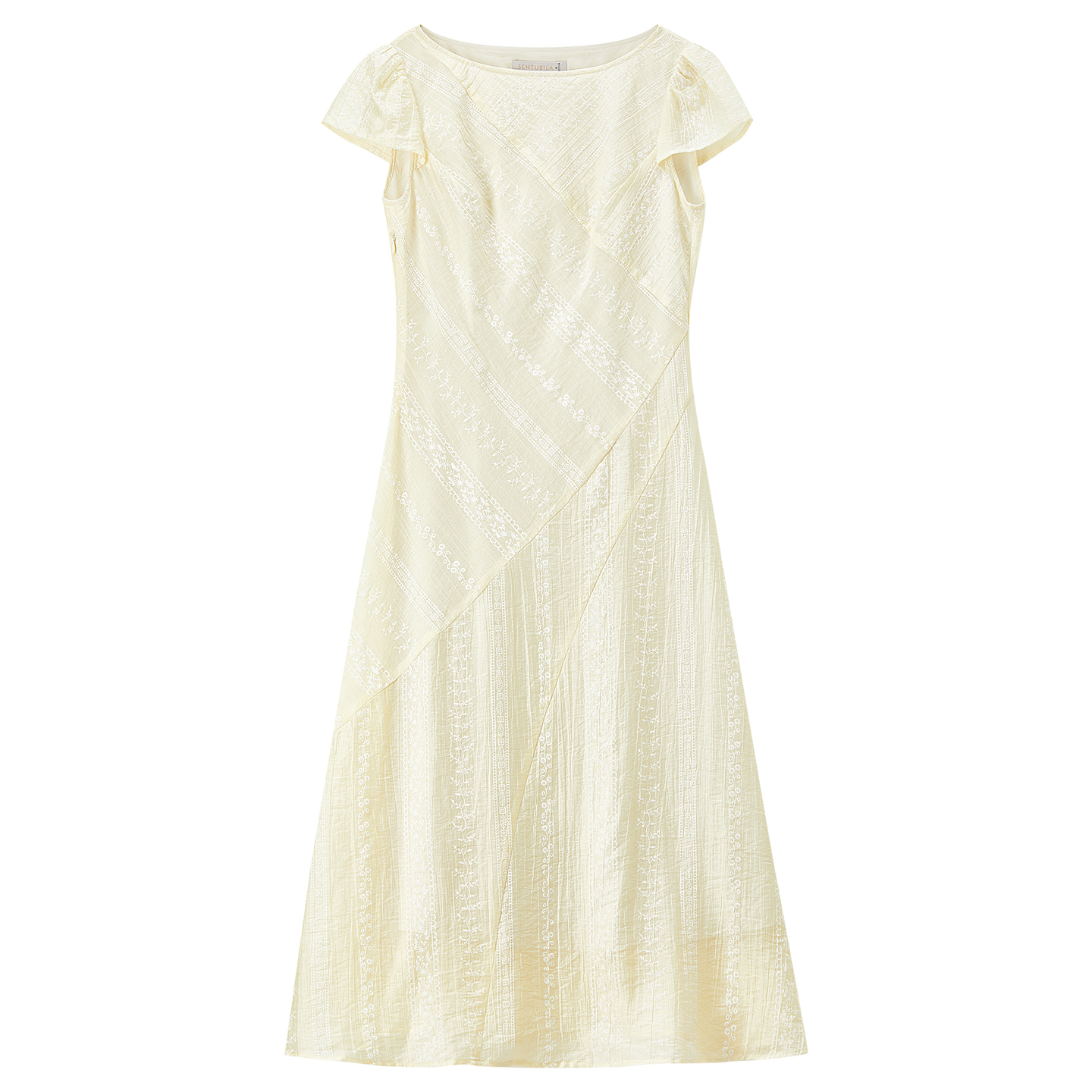 Robe Midi Élégante SENTUBILA à Manches Bouffantes Coupe Trapèze pour Femme, Été 2026, Style Bohème Jacquard, Taille Cintrée, Légère Q62LI7205