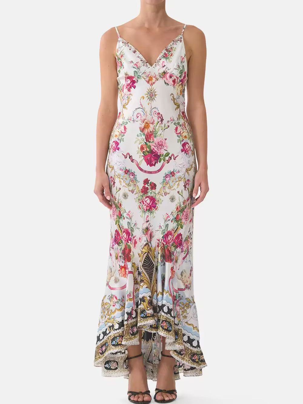Robe longue élégante pour femme 2026 en soie 100% avec imprimé floral, perles de cristal, col en V, sans manches, dos nu et taille haute