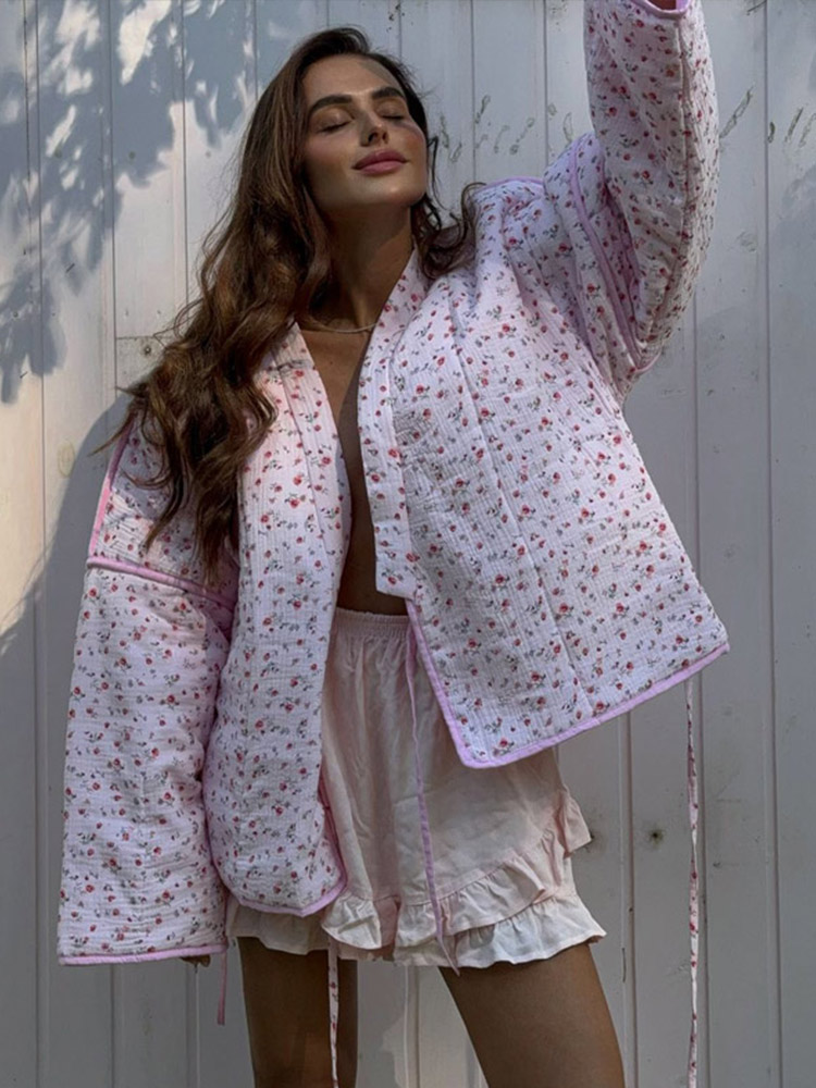 Veste matelassurera à manches longues à lacets pour femmes, imprimé de fleurs, manteau optique décontracté, chaud, dame, extérieur, automne, hiver, 2024