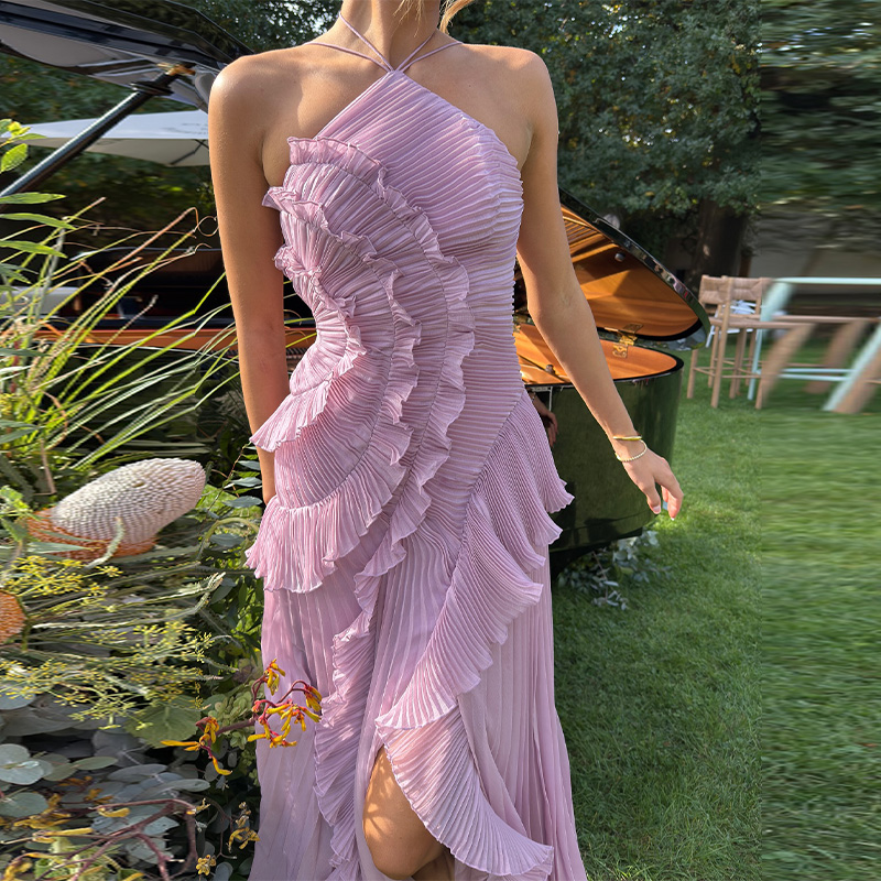 Chic élégant licou une ligne robes de bal volants à plusieurs niveaux dos nu robe de soirée 2025 vacances d'été en mousseline de soie longue robe de soirée