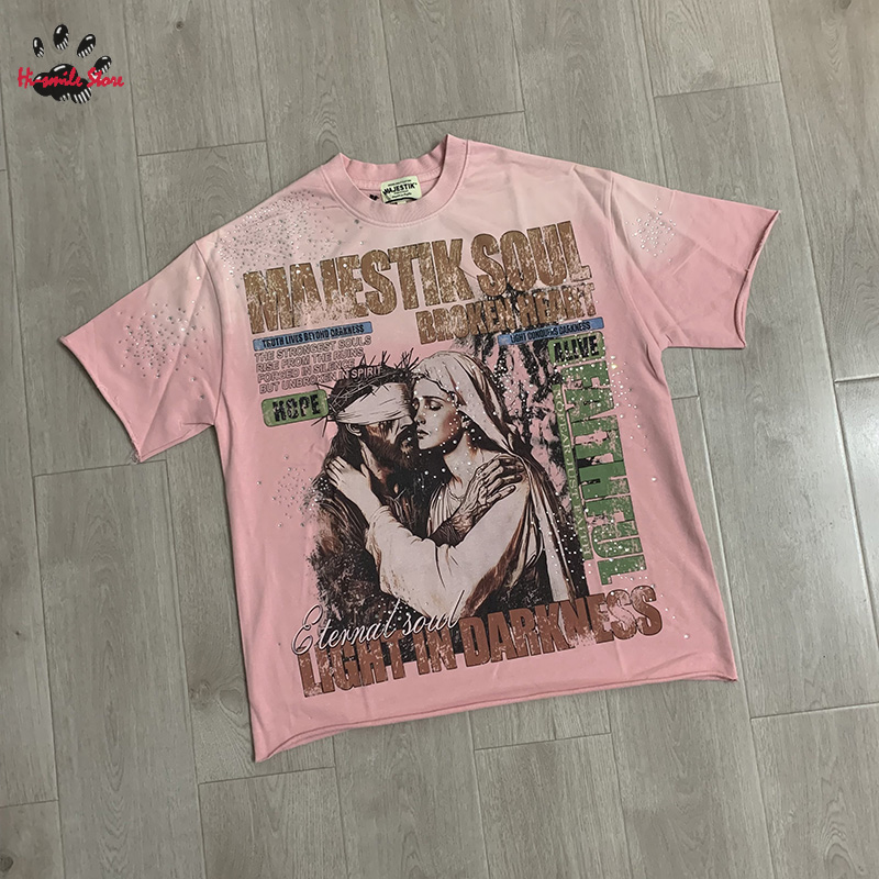 T-shirt MAJESTIK en coton pour homme et femme, style streetwear, avec logo en strass, de qualité supérieure, vintage, à manches courtes, hip-hop, surdimensionné