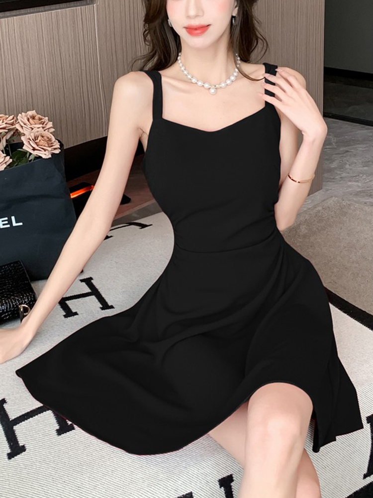 Femmes classique noir blanc robe à bretelles élégante dame tempérament quotidien a-ligne Mini robes femme mode fête taille robe