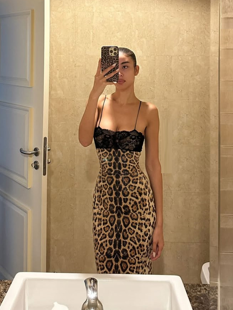 Robes longues maxi en dentelle patchwork pour femmes, imprimé léopard, sexy, à bretelles, sans manches, col bas, fente latérale, style streetwear féminin
