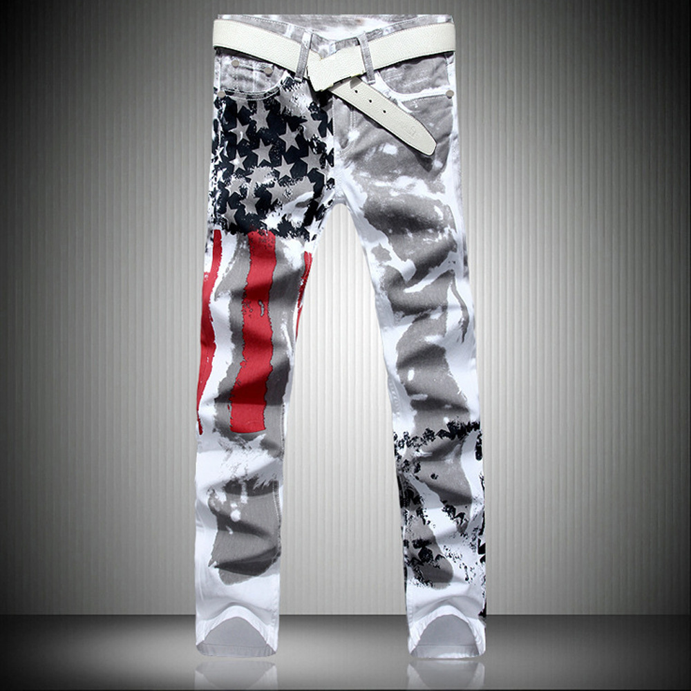 Jeans pour jeunes hommes européens et américains, nouveau Style, pantalons blancs, coupe Slim, décontractés pour hommes avec rayures rouges et pentagrammes
