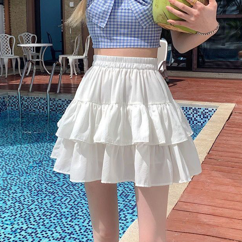 Jupe trapèze plissée pour femmes, blanche, à volants, à plusieurs niveaux, joli Style, taille élastique, Slim, basique, robe coréenne Harajuku, été