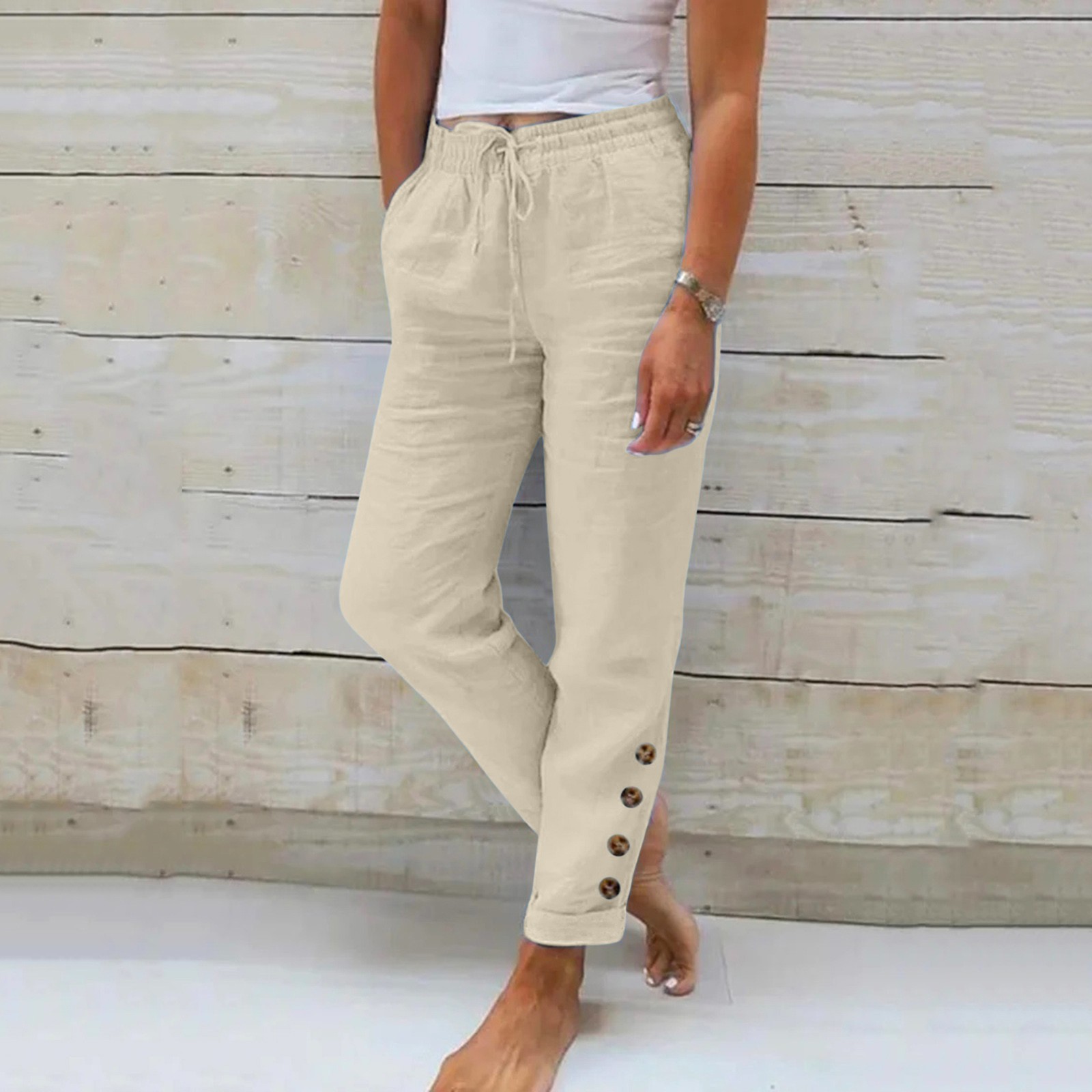 Pantalon décontracté en lin pour femmes, avec taille élastique, couleur unie, ample, Long, à bretelles, combinaison à jambes larges