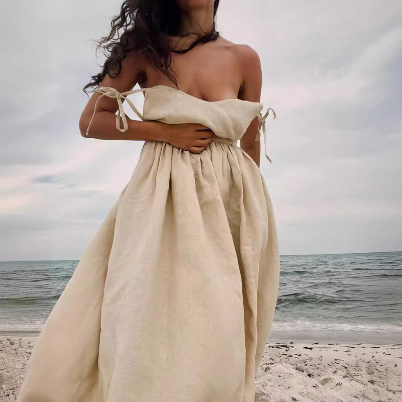 Robe Femme Style Plage Vintage Ample Coupe A-line à Bretelles 2026 Printemps-Été Sexy Hot Girl 100% Coton Col en V