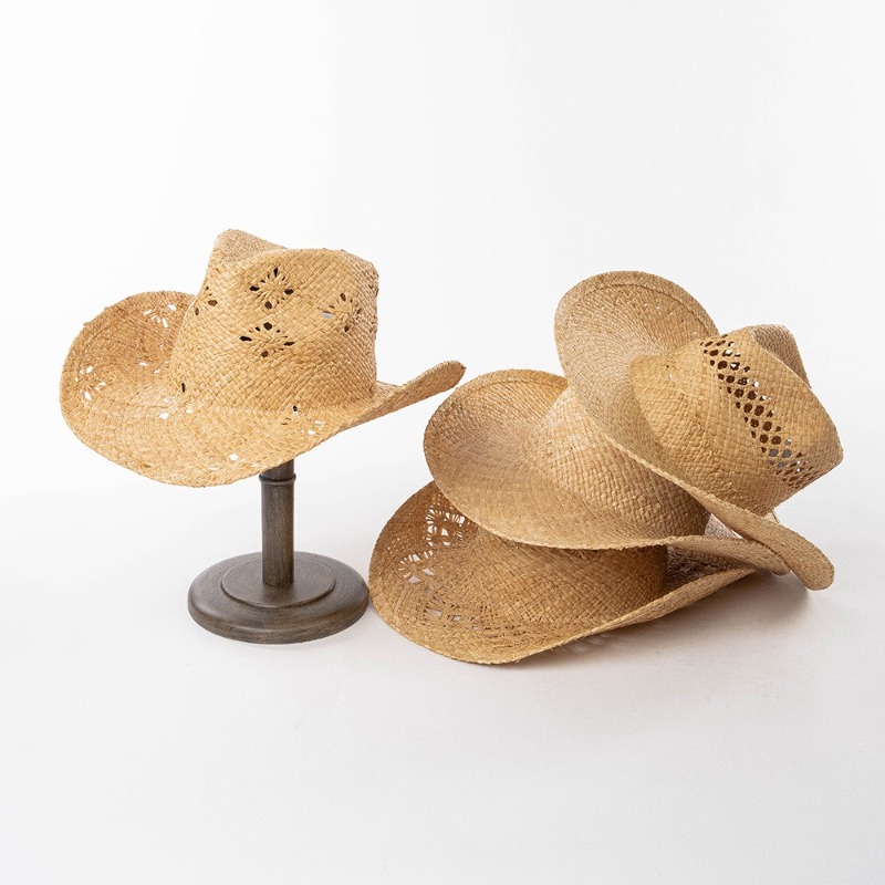 Chapeau en raphia tissé à la main pour femmes, chapeau d'été Simple de Cowboy occidental, chapeau de paille pour dames Ins California Girl, vacances en bord de mer, chapeau de soleil à bord bouclé