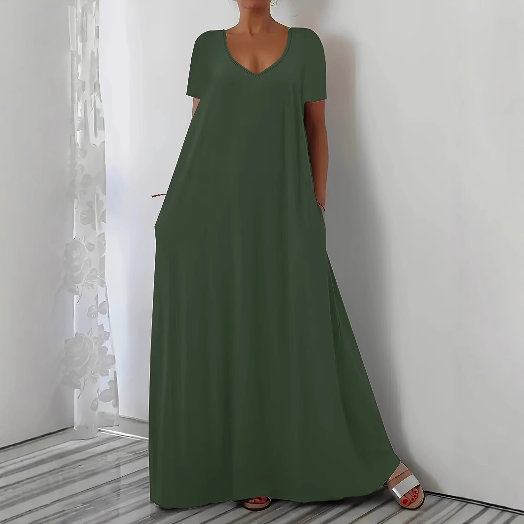 Nouvelle robe d'été grande taille pour femme, décontractée, ample, à manches courtes, couleur unie, col en V