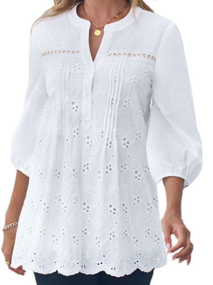 Pull à col en V évidé en dentelle blanche pour femmes, haut décontracté, chemise d'été élégante, vêtements de bureau, mode
