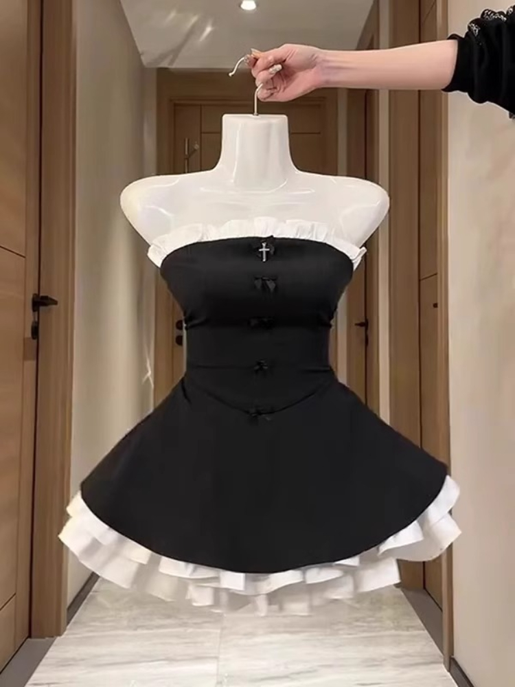 Robe d'été Vintage élégante pour femme, sans bretelles, avec nœud, Patchwork, taille haute, bouffante, Mini, Chic français, tenues Sexy, nouvelle collection 2025