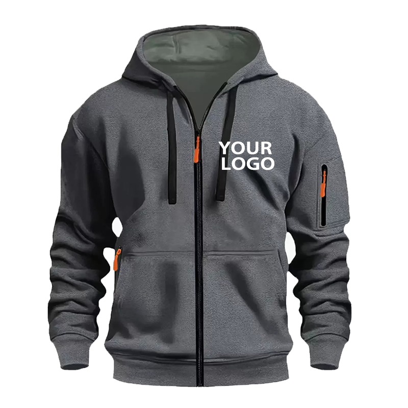 Sweat à capuche de sport décontracté pour hommes, Logo personnalisé, avec poche zippée complète, à la mode, avec poche sur les bras, pour l'extérieur, à manches longues, DIY