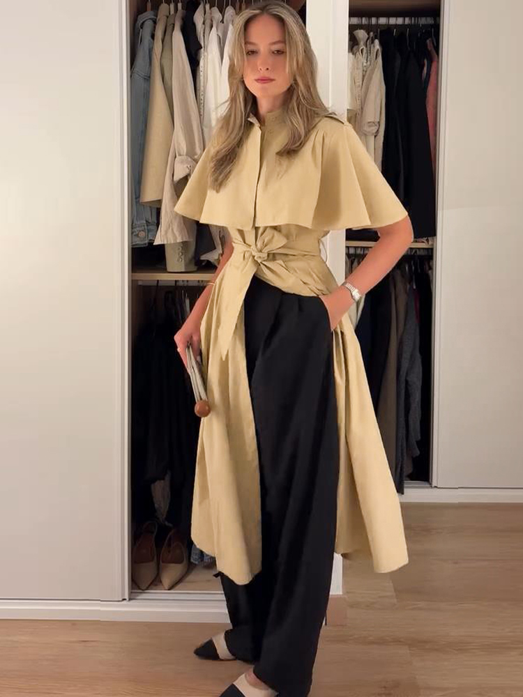 Robe midi à col cape pour femme, couleur kaki, col montant, taille ceinturée, manches courtes, coupe trapèze, nouvelle collection 2026, robes longues élégantes pour le bureau et les occasions décontractées