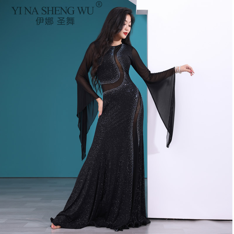 Robe de danse du ventre à col rond pour femmes, jupe longue mince, manches évasées, vêtements de compétition féminins, vêtements de pratique de performance élégants, nouveau