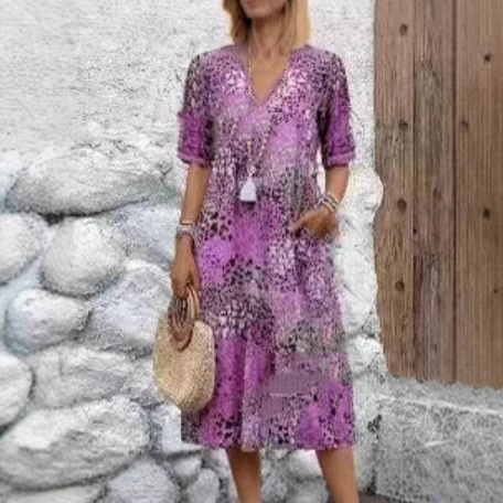 Robes pour femmes 2026 : Nouvelle collection imprimée en dentelle, col en V, manches courtes, longueur mi-mollet – Vêtements féminins
