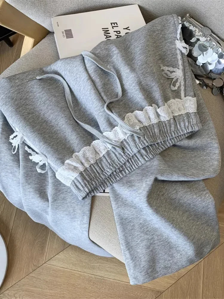 Pantalon de survêtement en dentelle grise pour femmes, taille haute, doux, mode coréenne, ample, élégant, assorti avec tout, jambes larges