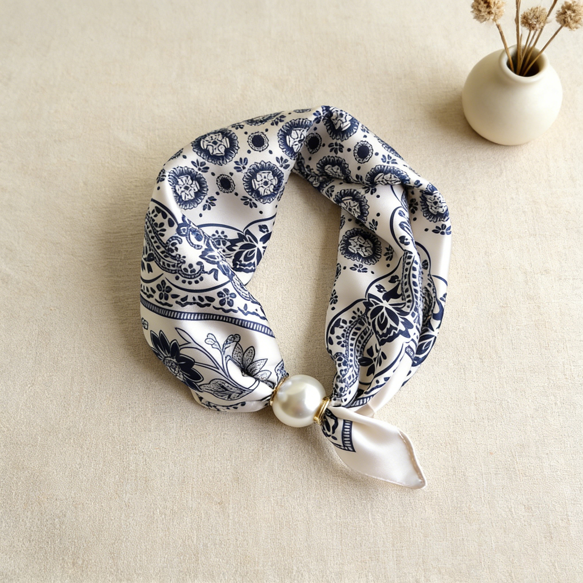Foulard en soie imprimé, écharpe de cou perlée, collier chaîne paresseuse, boucle magnétique fine pour clavicule, ruban de foulard, accessoires de luxe pour femme