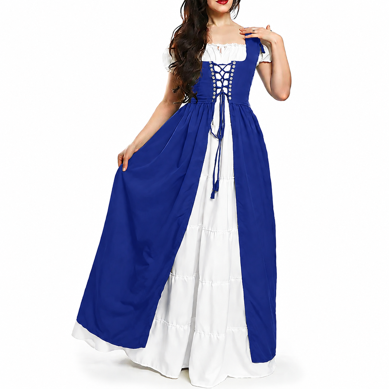 Robe corset de style cour médiévale à manches longues avec manches chauve-souris épaules dénudées et jupe longue évasée pour femme