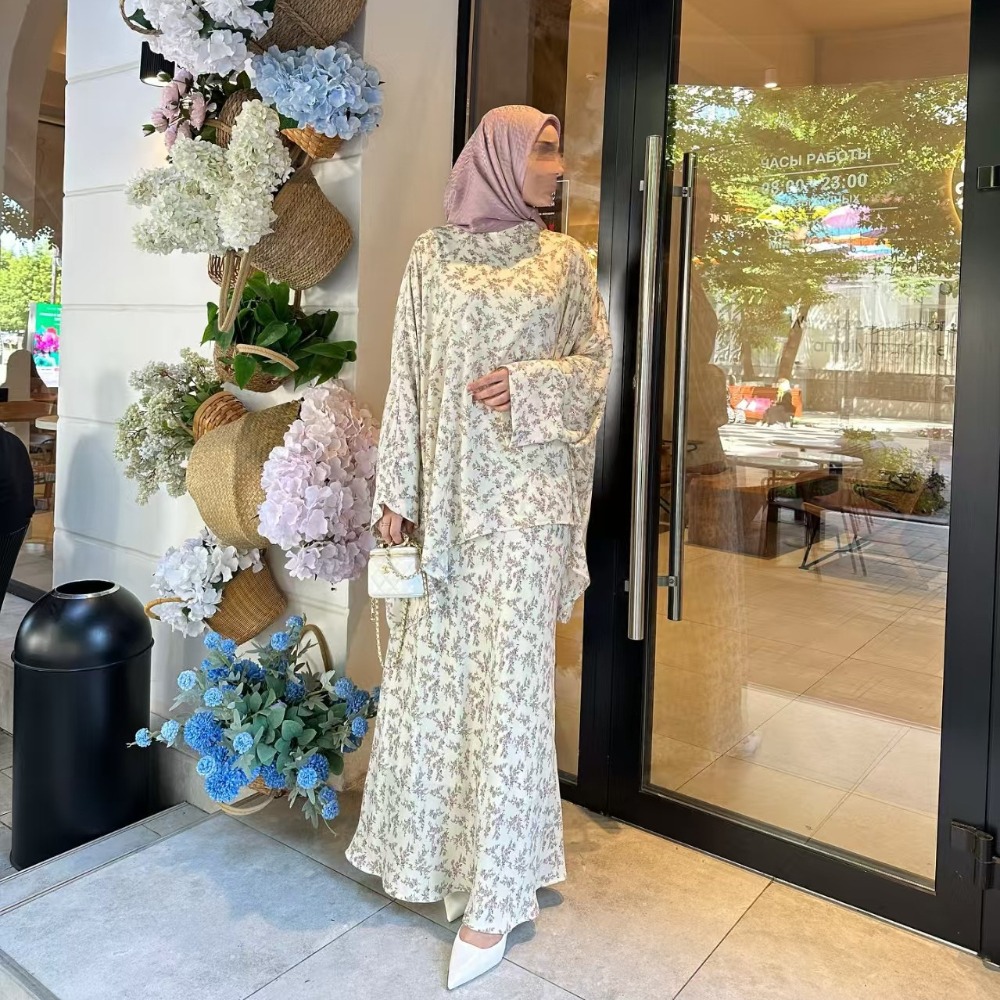2 pièces Ensemble femmes fête imprimé Blouse jupe Musulman Ensembles Ensemble dubaï Islam Ramadan 2025 femme musulmane jupes longues Costume