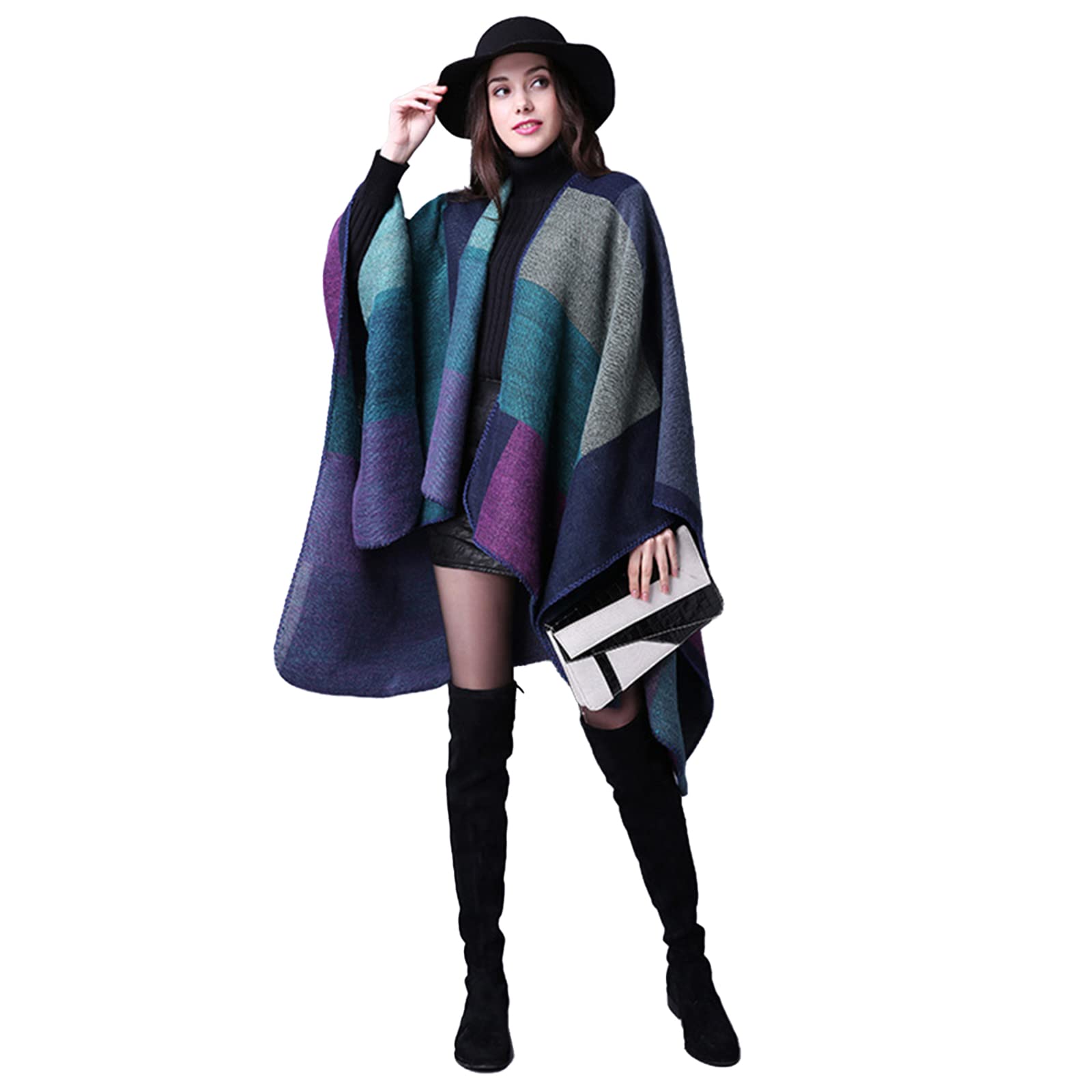 Épaissir hiver châle enveloppes Cape femmes automne Ponchos grande taille bloc Plaid ouvert devant pull polaire écharpe manteau tenues de vacances
