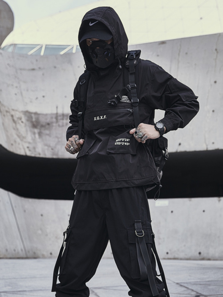 Veste pour hommes Techwear High Street Streetwear noir à capuche poche homme femmes Couple printemps automne mode nouveau imperméable mâle haut
