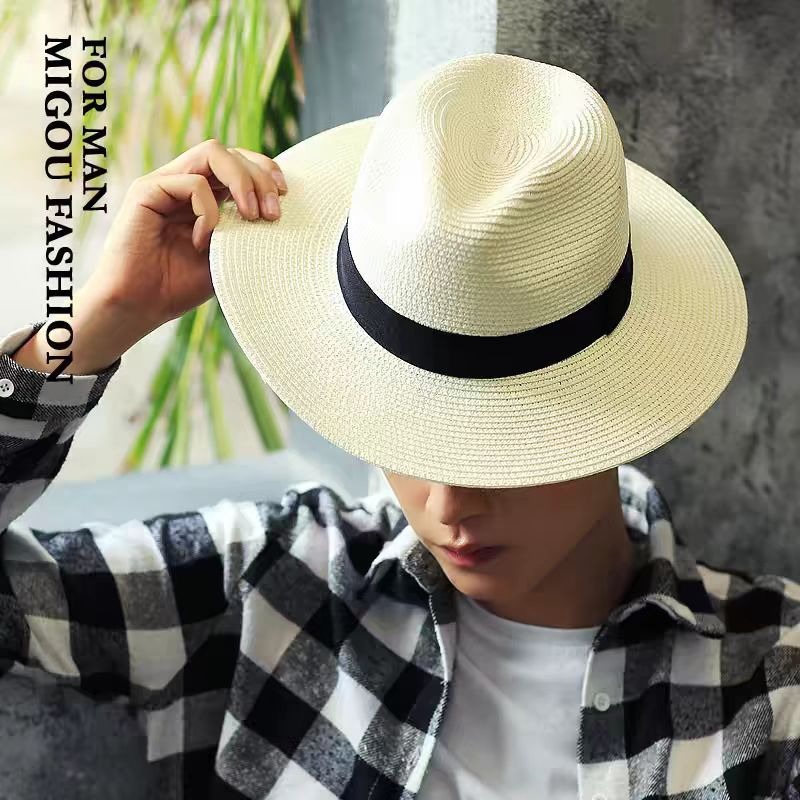 Chapeau de soleil jazz à large bord pour homme, chapeau Panama en paille dense avec ruban noir XKTYM07