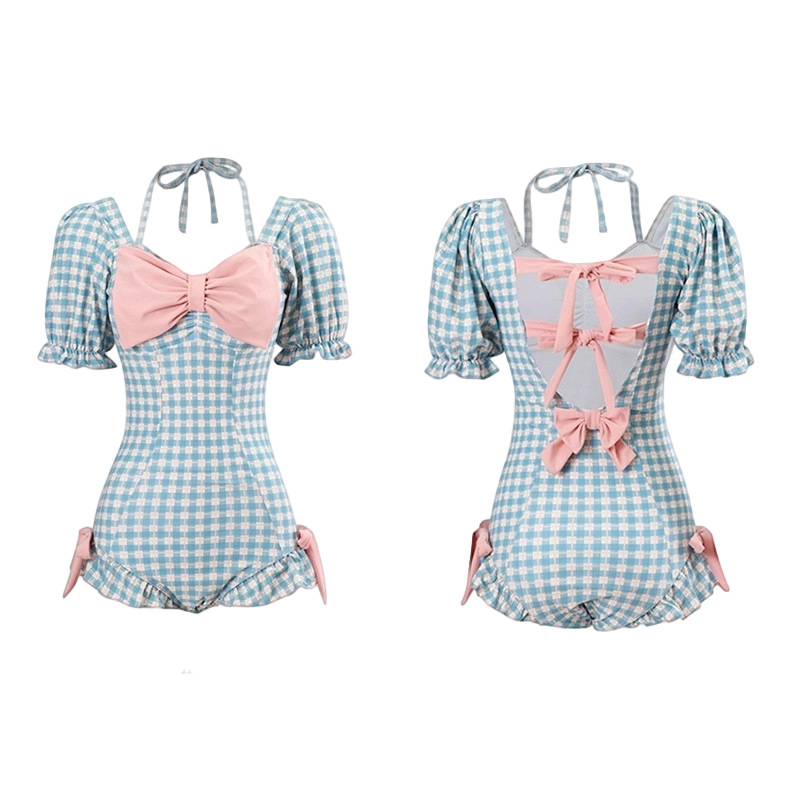 Maillots de bain sexy à la mode coréenne, bleus à carreaux avec nœud, une pièce, manches courtes bouffantes, dos noué, style halter, bikinis, tenues de plage mignonnes.