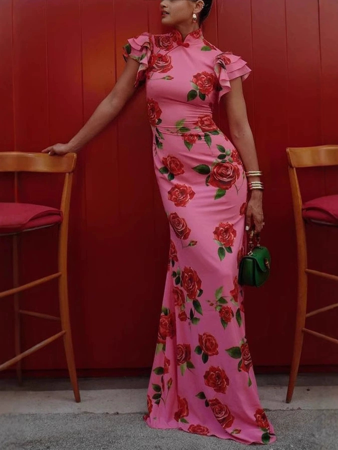 Robe longue à volants pour femmes, imprimé Floral Rose, moulante, Sexy, pour bal de promo, déplacements, tempérament mince, robes de soirée élégantes pour dames